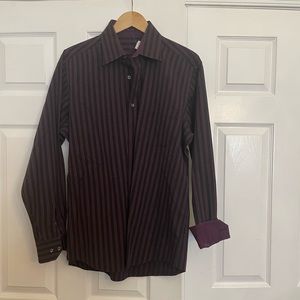Men’s button down dress shirt by Bugatchi. Size Large. Purple with stripes